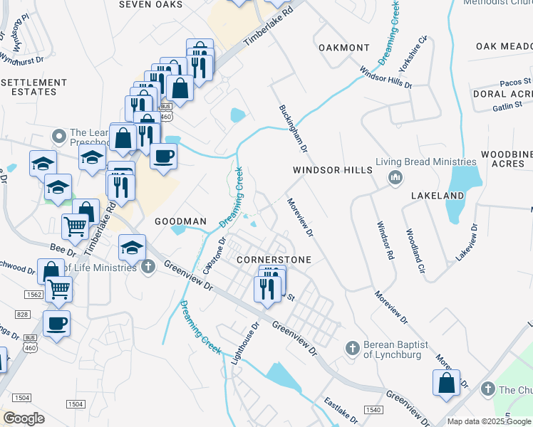 map of restaurants, bars, coffee shops, grocery stores, and more near 415 Cornerstone St in Lynchburg