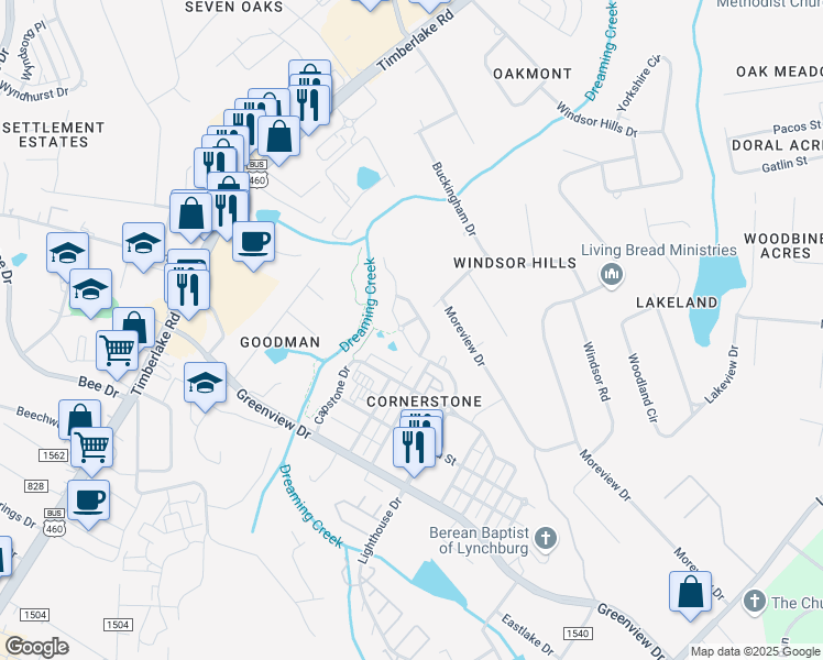 map of restaurants, bars, coffee shops, grocery stores, and more near 415 Cornerstone St in Lynchburg