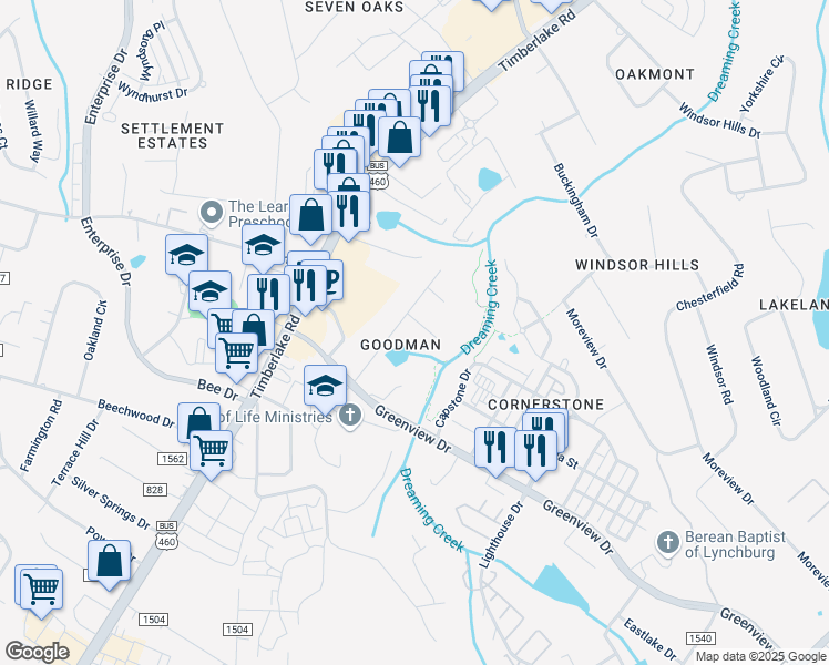 map of restaurants, bars, coffee shops, grocery stores, and more near 103 Watkins Place in Lynchburg