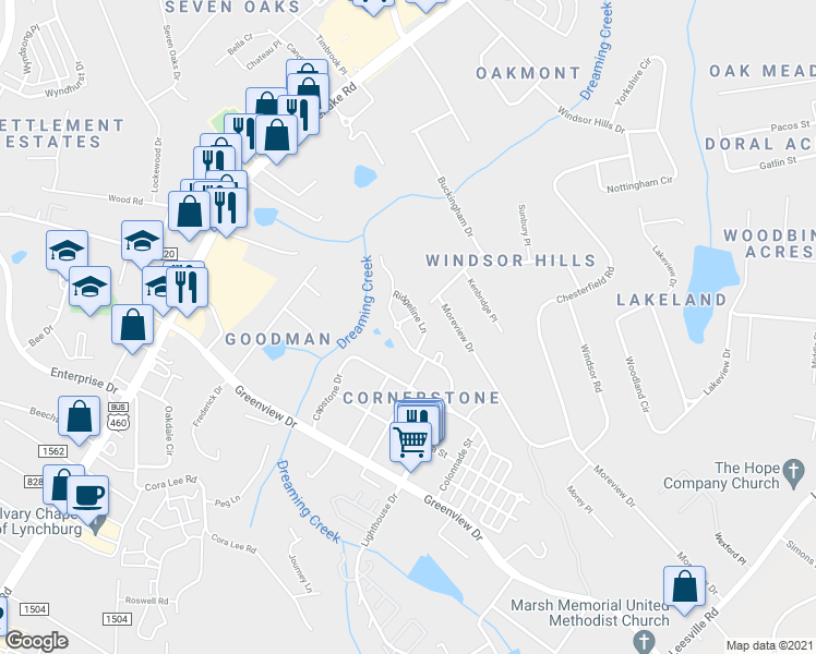map of restaurants, bars, coffee shops, grocery stores, and more near 304 Hunterdale Drive in Lynchburg