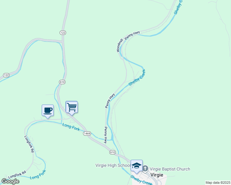 map of restaurants, bars, coffee shops, grocery stores, and more near Penny Highway in Virgie