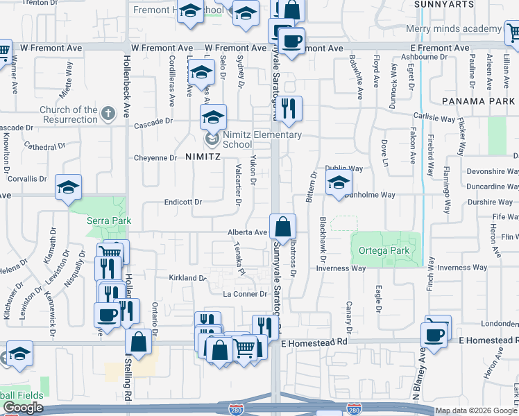 map of restaurants, bars, coffee shops, grocery stores, and more near 1495 Yukon Drive in Sunnyvale