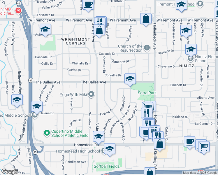 map of restaurants, bars, coffee shops, grocery stores, and more near 1519 Kennewick Drive in Sunnyvale