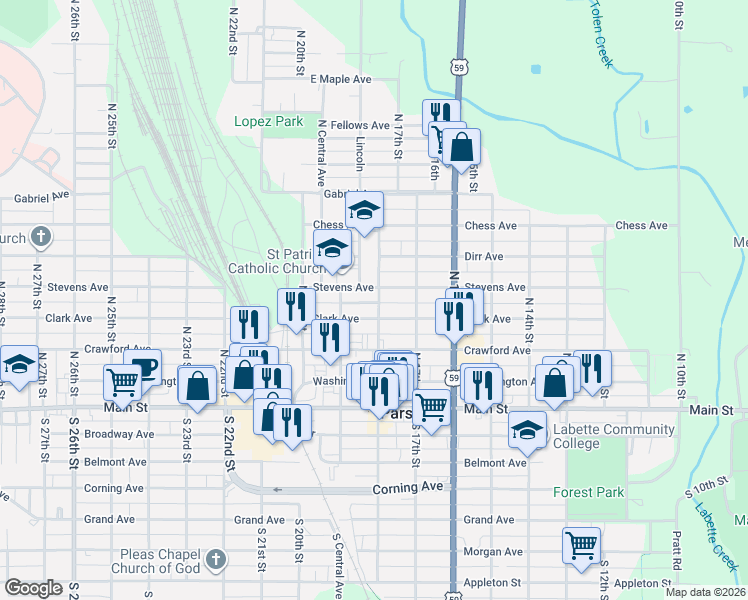 map of restaurants, bars, coffee shops, grocery stores, and more near 401-449 N 18th St in Parsons