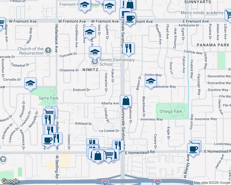 map of restaurants, bars, coffee shops, grocery stores, and more near 1495 Yukon Drive in Sunnyvale