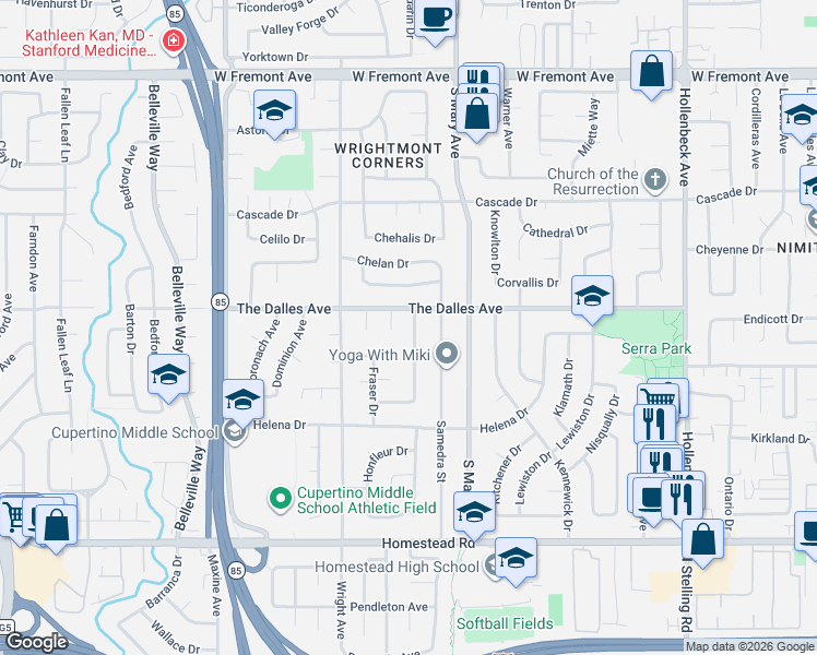 map of restaurants, bars, coffee shops, grocery stores, and more near 1515 Jasper Drive in Sunnyvale