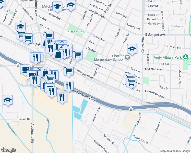map of restaurants, bars, coffee shops, grocery stores, and more near 695 Atwater Boulevard in Atwater
