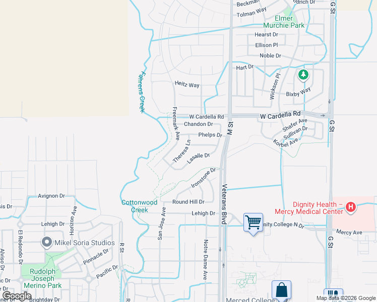 map of restaurants, bars, coffee shops, grocery stores, and more near 4262 Theresa Lane in Merced