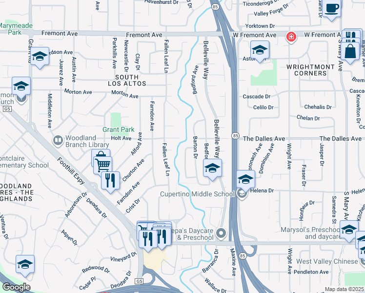 map of restaurants, bars, coffee shops, grocery stores, and more near 1523 Ashcroft Way in Sunnyvale