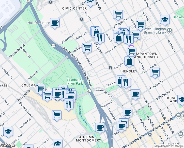 map of restaurants, bars, coffee shops, grocery stores, and more near 525 Quailbrook Court in San Jose