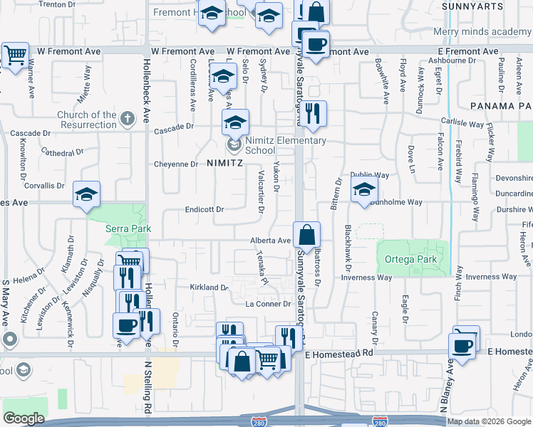 map of restaurants, bars, coffee shops, grocery stores, and more near 1494 Valcartier Drive in Sunnyvale