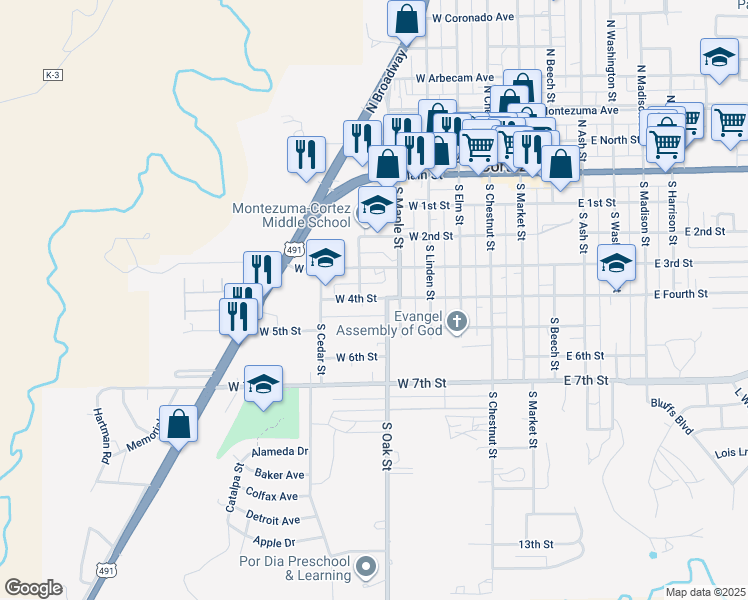map of restaurants, bars, coffee shops, grocery stores, and more near 401 South Oak Street in Cortez