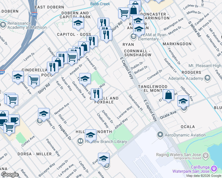 map of restaurants, bars, coffee shops, grocery stores, and more near 2440 Barlow Avenue in San Jose
