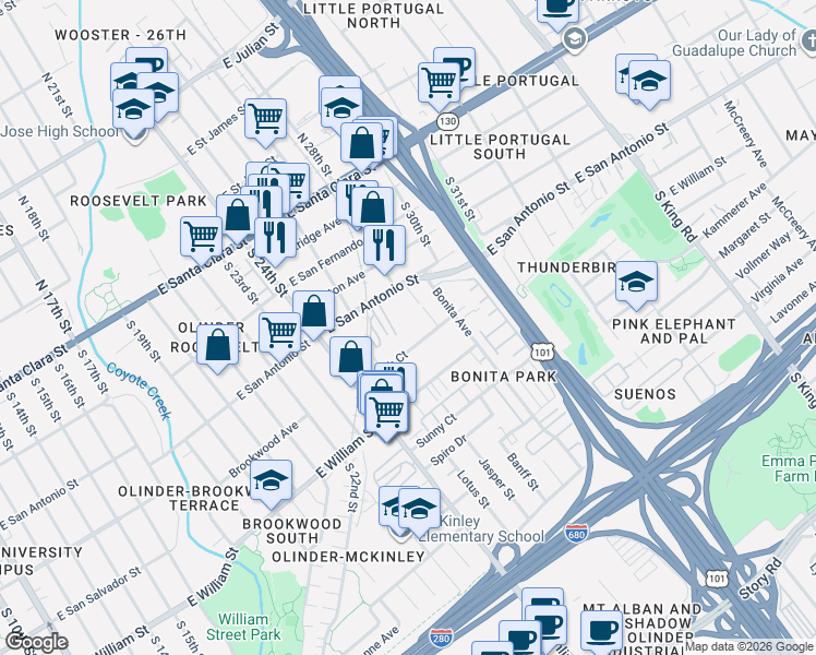 map of restaurants, bars, coffee shops, grocery stores, and more near 1277 Peach Court in San Jose