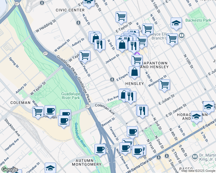 map of restaurants, bars, coffee shops, grocery stores, and more near in San Jose
