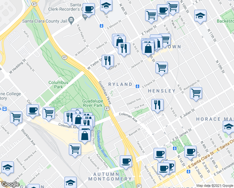 map of restaurants, bars, coffee shops, grocery stores, and more near 165 San Pedro Circle in San Jose