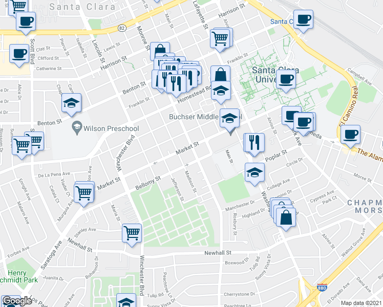 map of restaurants, bars, coffee shops, grocery stores, and more near in Santa Clara
