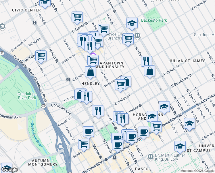 map of restaurants, bars, coffee shops, grocery stores, and more near in San Jose