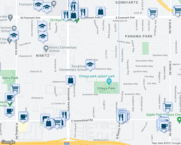 map of restaurants, bars, coffee shops, grocery stores, and more near 592 Dunholme Way in Sunnyvale