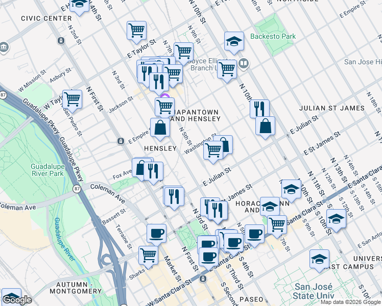 map of restaurants, bars, coffee shops, grocery stores, and more near 393 North 5th Street in San Jose