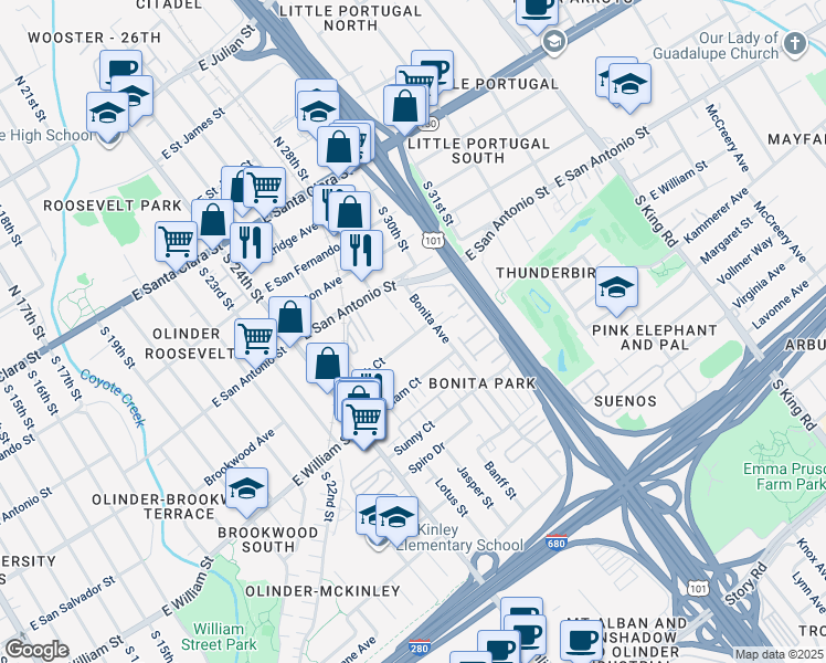 map of restaurants, bars, coffee shops, grocery stores, and more near 1351 Peach Court in San Jose