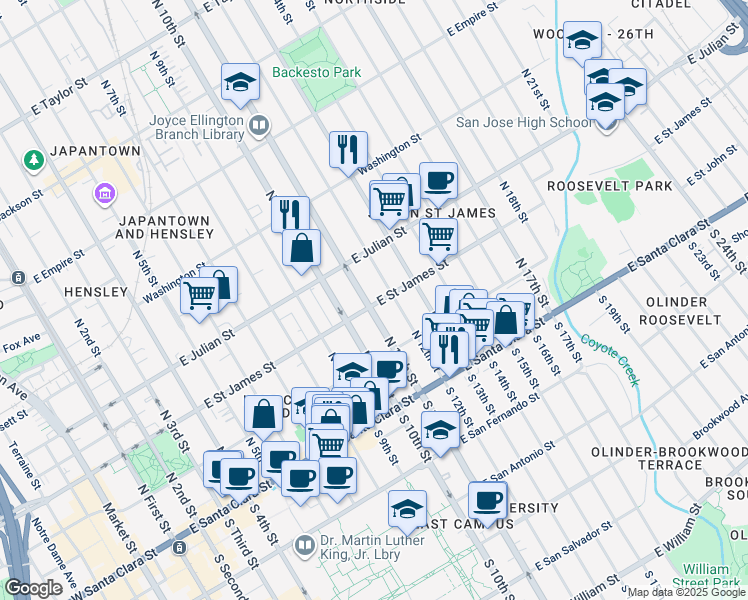 map of restaurants, bars, coffee shops, grocery stores, and more near 206 North 11th Street in San Jose