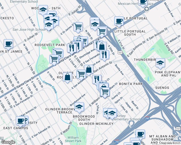 map of restaurants, bars, coffee shops, grocery stores, and more near 1179 East San Antonio Street in San Jose