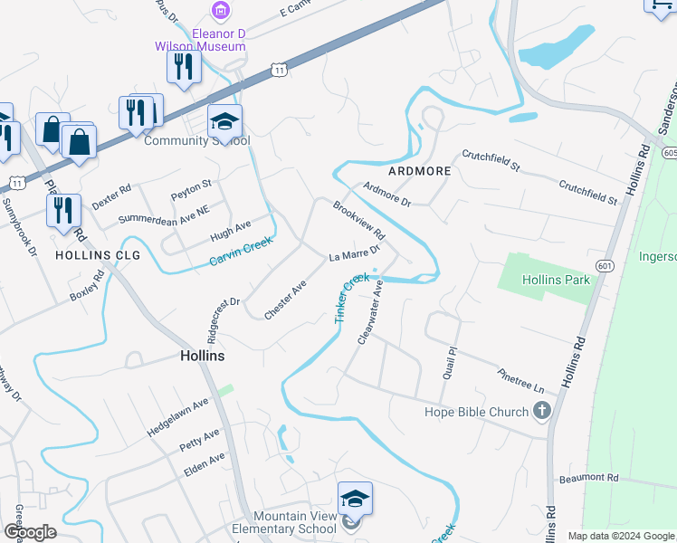 map of restaurants, bars, coffee shops, grocery stores, and more near 6950 La Marre Drive in Hollins