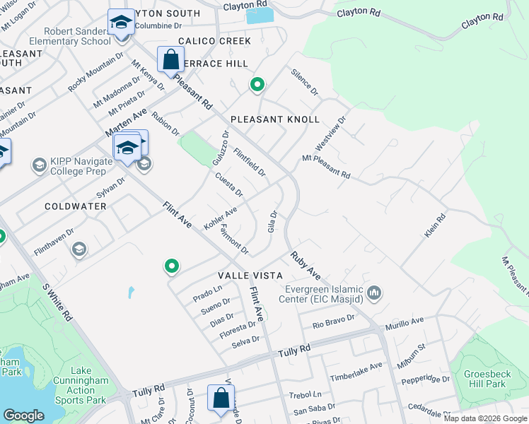 map of restaurants, bars, coffee shops, grocery stores, and more near 3496 Cuesta Drive in San Jose