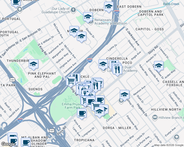 map of restaurants, bars, coffee shops, grocery stores, and more near 1856 Cinderella Lane in San Jose