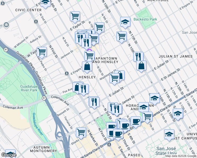 map of restaurants, bars, coffee shops, grocery stores, and more near 380 North 4th Street in San Jose