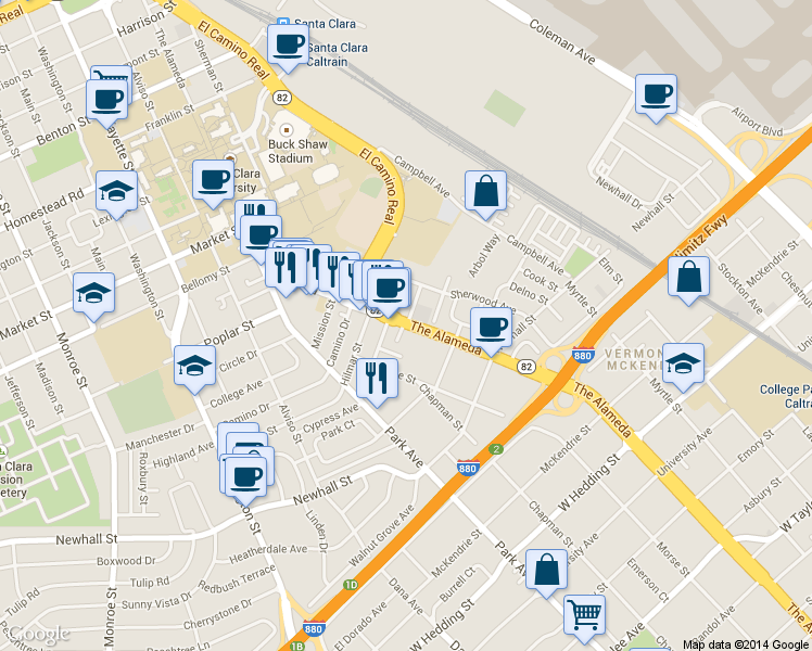 map of restaurants, bars, coffee shops, grocery stores, and more near 2201 The Alameda in Santa Clara