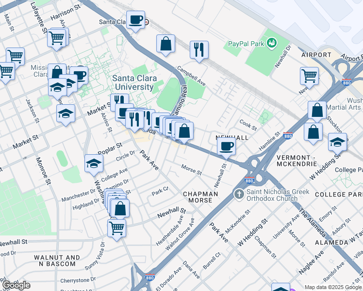 map of restaurants, bars, coffee shops, grocery stores, and more near 2201 The Alameda in Santa Clara