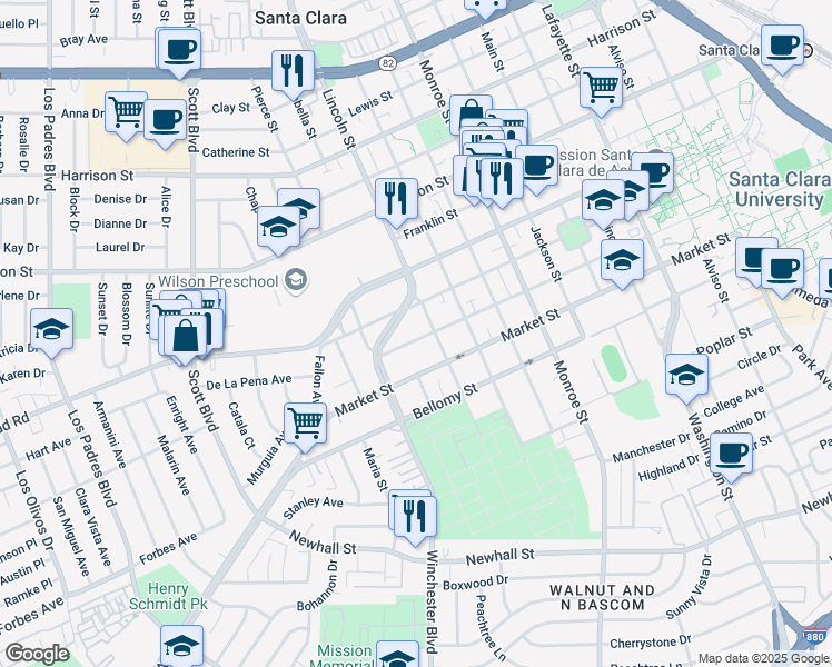 map of restaurants, bars, coffee shops, grocery stores, and more near 1667 Santa Clara Street in Santa Clara