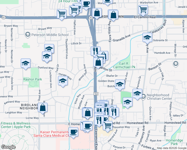 map of restaurants, bars, coffee shops, grocery stores, and more near 1019 Wood Duck Avenue in Santa Clara