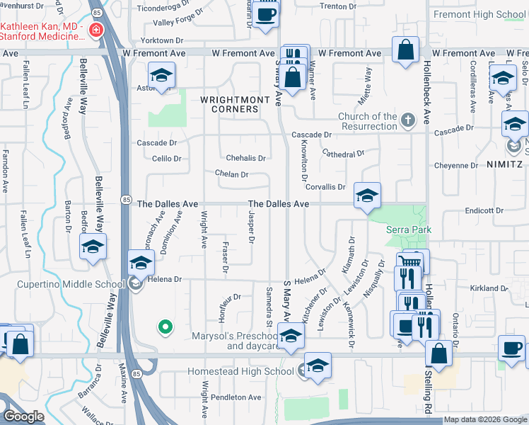 map of restaurants, bars, coffee shops, grocery stores, and more near 1520 Jasper Drive in Sunnyvale