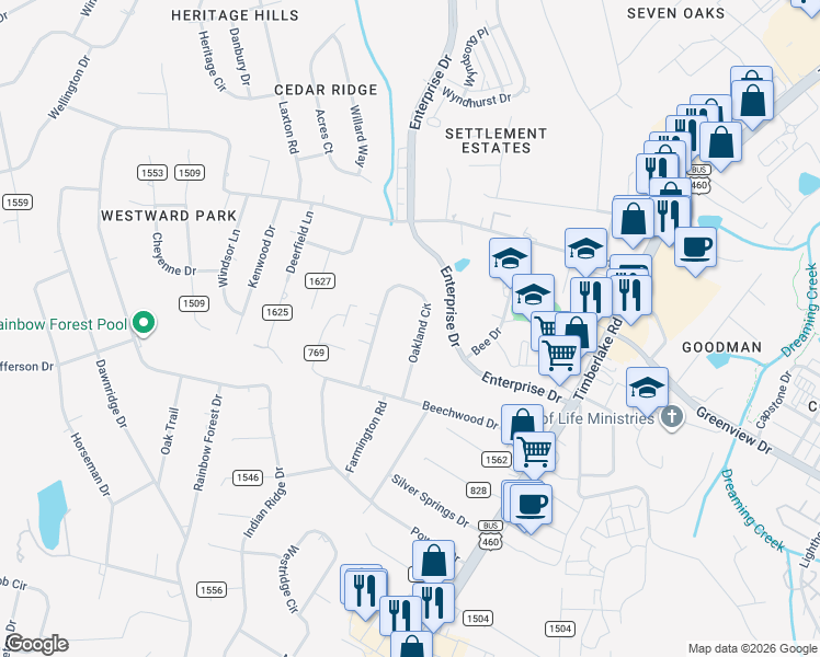 map of restaurants, bars, coffee shops, grocery stores, and more near 127 Oakland Circle in Lynchburg