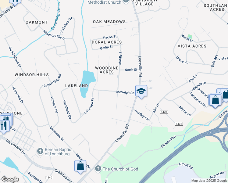map of restaurants, bars, coffee shops, grocery stores, and more near 1601a McVeigh Road in Lynchburg