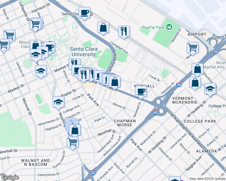 map of restaurants, bars, coffee shops, grocery stores, and more near 2221 The Alameda in Santa Clara