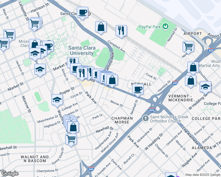 map of restaurants, bars, coffee shops, grocery stores, and more near 2221 The Alameda in Santa Clara