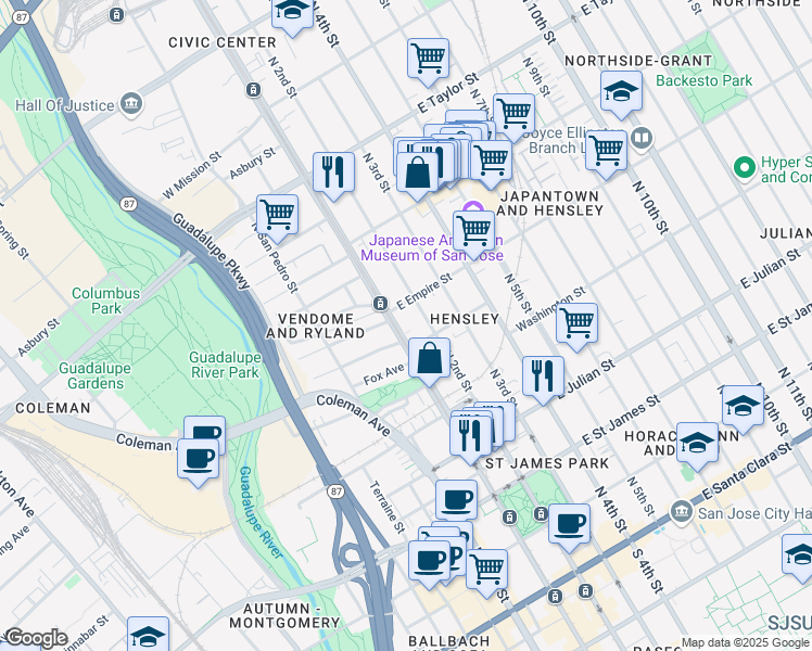 map of restaurants, bars, coffee shops, grocery stores, and more near 480 North First Street in San Jose