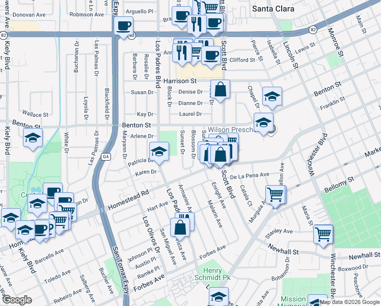 map of restaurants, bars, coffee shops, grocery stores, and more near 880 Blossom Drive in Santa Clara