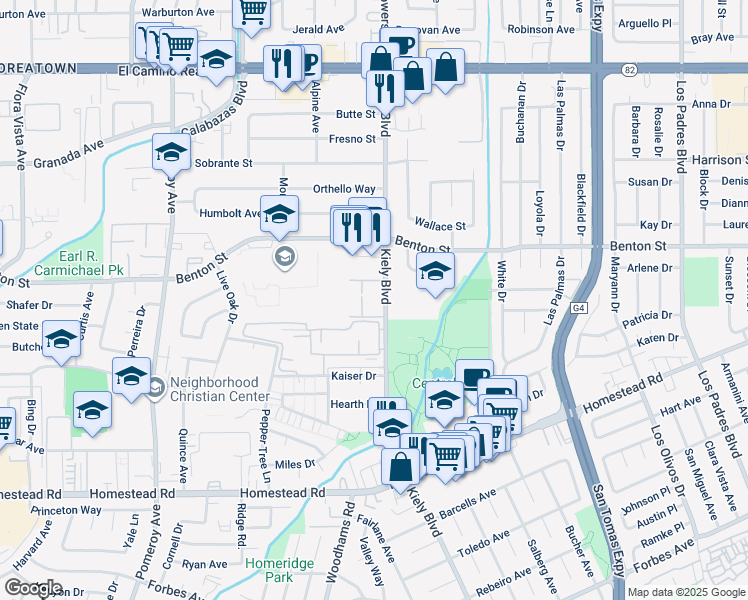 map of restaurants, bars, coffee shops, grocery stores, and more near 1000 Kiely Boulevard in Santa Clara