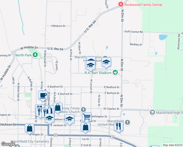 map of restaurants, bars, coffee shops, grocery stores, and more near 600 North Locust Street in Marshfield