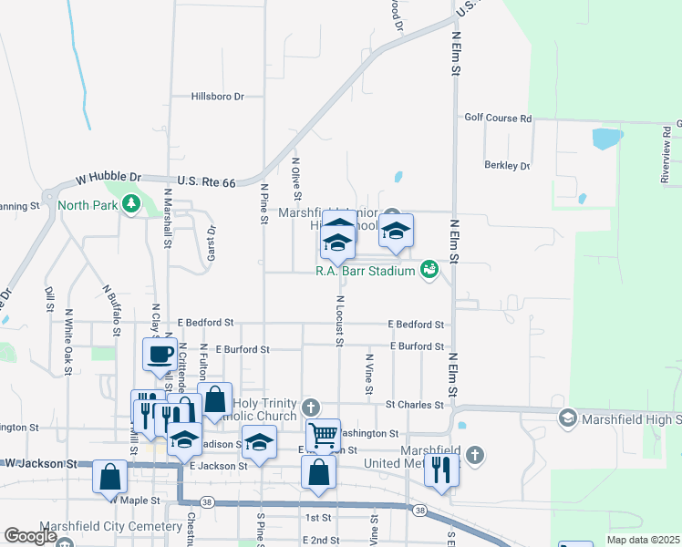 map of restaurants, bars, coffee shops, grocery stores, and more near 600 North Locust Street in Marshfield