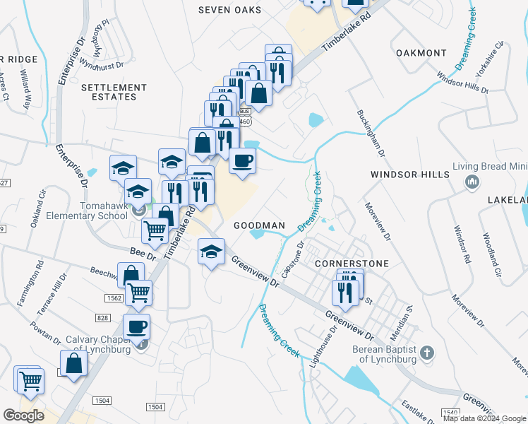 map of restaurants, bars, coffee shops, grocery stores, and more near 101 Watkins Place in Lynchburg