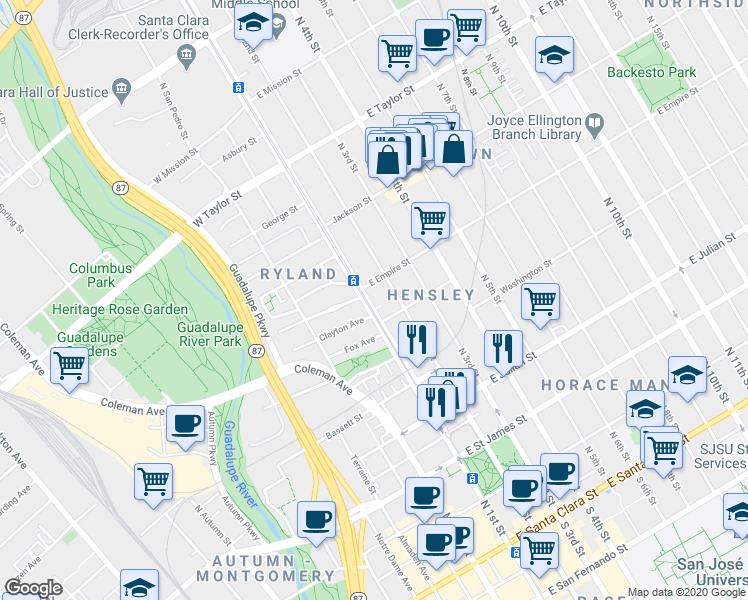 map of restaurants, bars, coffee shops, grocery stores, and more near 480 North First Street in San Jose