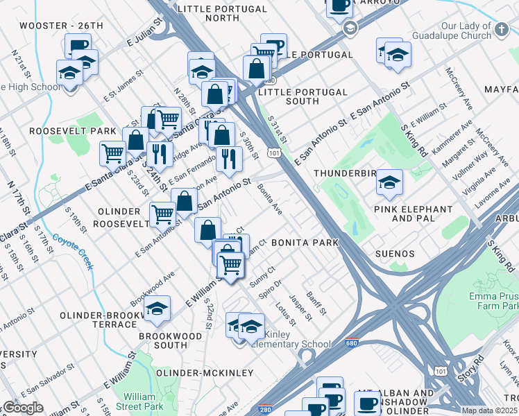 map of restaurants, bars, coffee shops, grocery stores, and more near 1351 Peach Court in San Jose