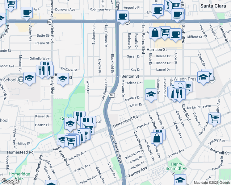map of restaurants, bars, coffee shops, grocery stores, and more near 2492 Karen Drive in Santa Clara