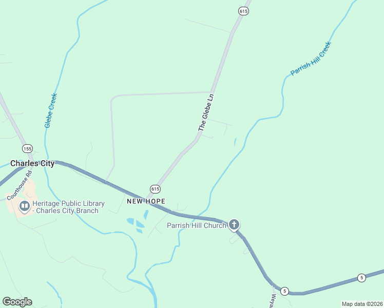 map of restaurants, bars, coffee shops, grocery stores, and more near 12003 The Glebe Lane in Charles City